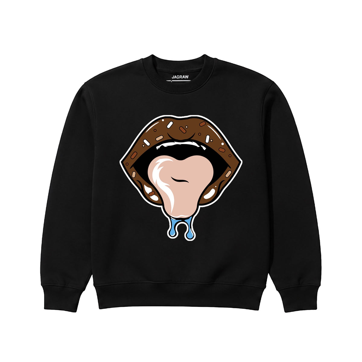 Black JagRaw Chocolate Lips sweatshirt with a chocolate lips and tongue graphic.